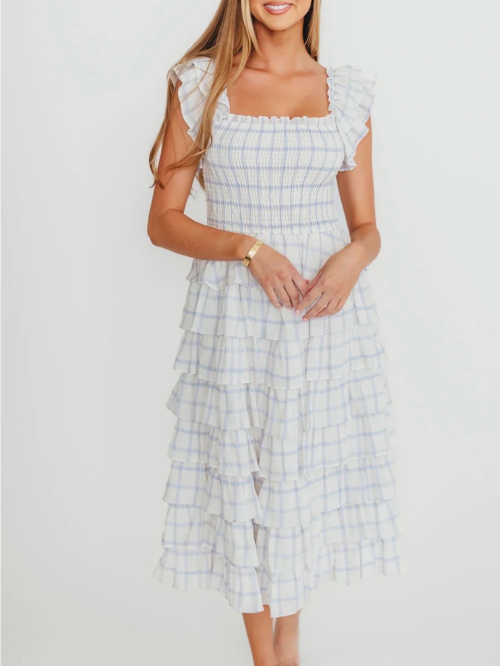 Smocked Square-Neck Tiered Midi Dress in White and Light Blue